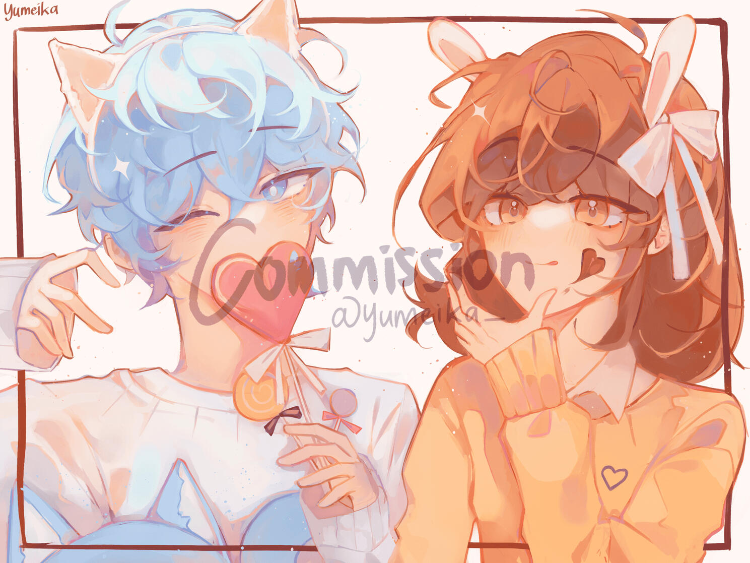 L: bust up, simple bg, 2 chara